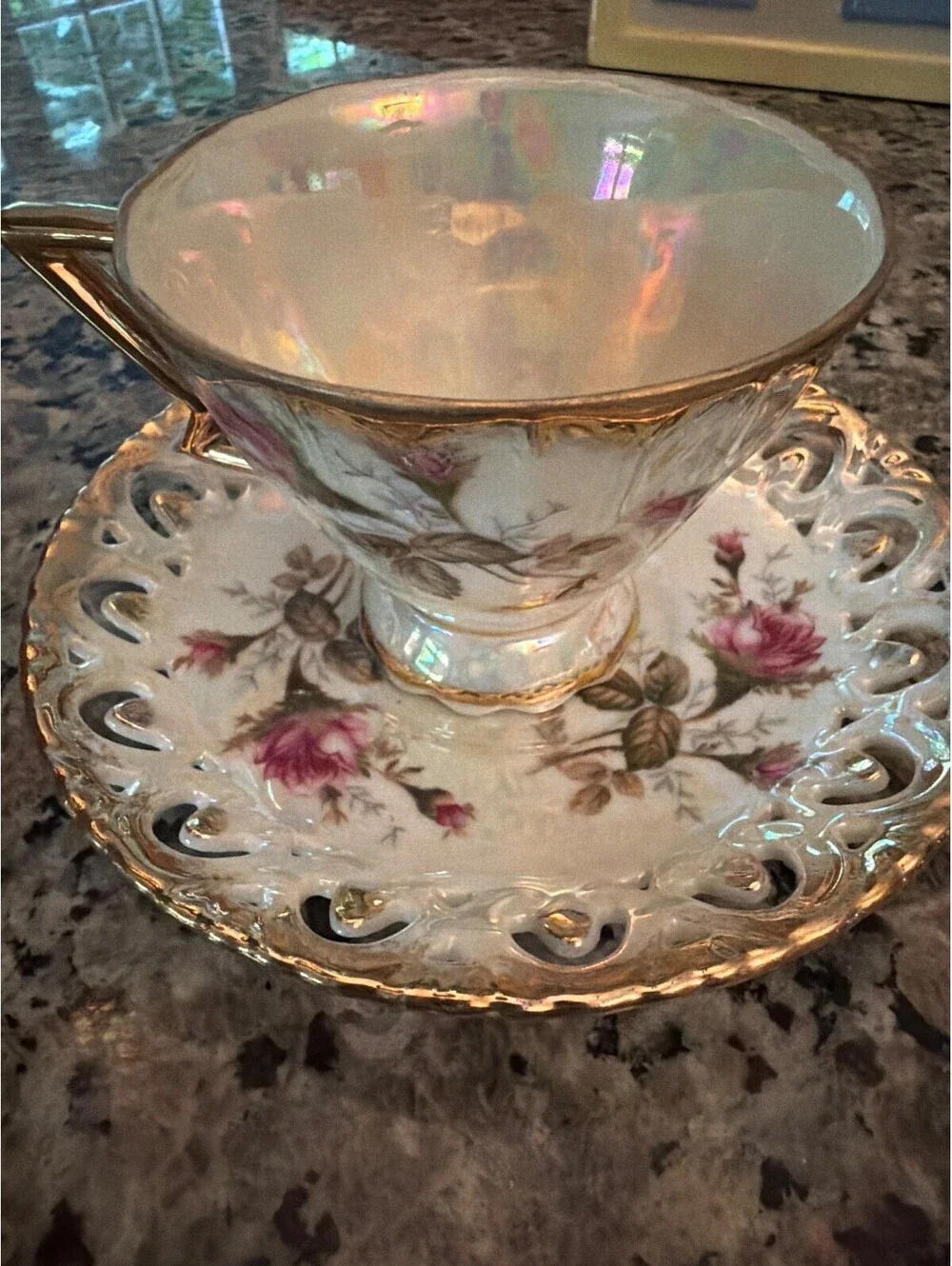 Royal Sealy Lusterware Gold/Pink Roses Footed Cup & Reticulated Saucer